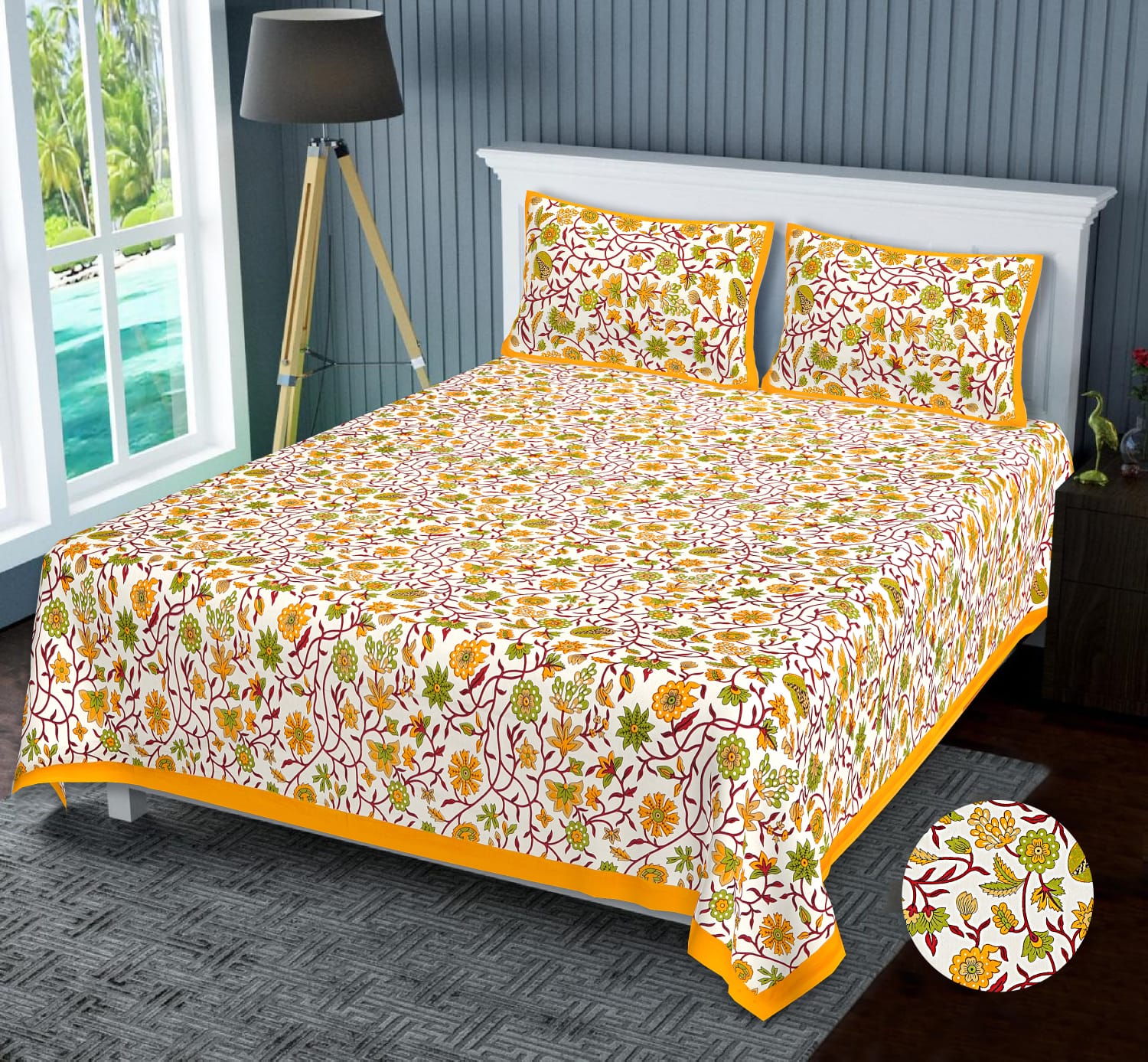 Niruva Yellow and Green Jaipuri Floral Creeper Cotton Double Bedsheet With 2 Pillow Covers